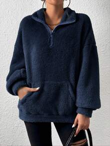 SHEIN EZwear Áo nỉ cổ cao, khóa kéo nửa thân, màu xanh hải quân, cỡ lớn, chất liệu lông xù, thích hợp cho mùa thu/đông. - Màu xanh hải quân - Xem 5