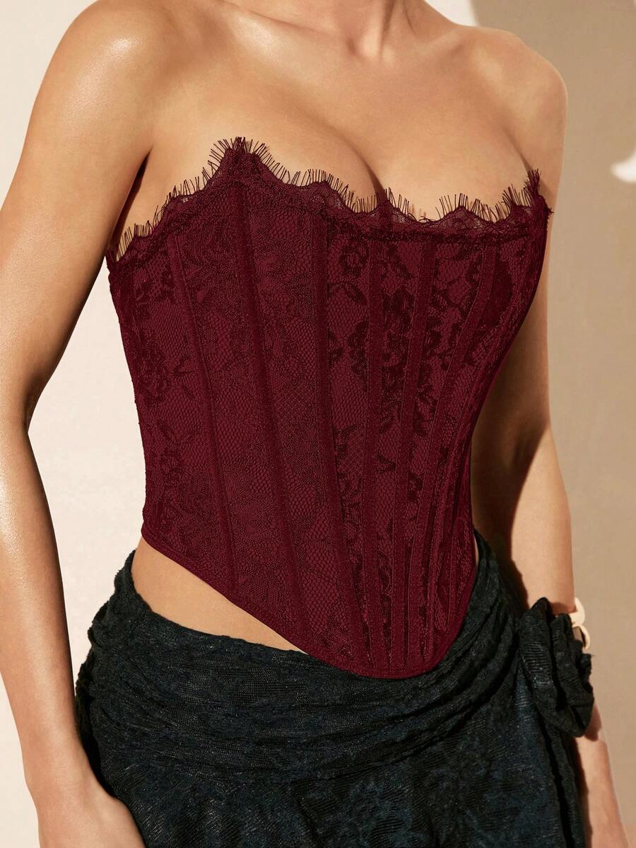 SHEIN BAE 夏季海滩度假纯色蕾丝抹胸上衣,适合日常约会、夜间外出、夜店、派对、聚会、鸡尾酒会、泳池派对、返校季、学期中、假期、办公室通勤等场合,性感束身衣,情人节礼物,女士情人节礼物 - 酒紅色 - 查看 1