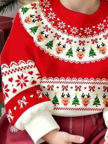 SHEIN 2 Stück/Set Baby Mädchen Weihnachten Rot Rentier, Weihnachtsbaum, Schneeflocke, Schleife, Lebkuchenmann Fair Isle Muster Lässiger Dicker Weicher Bequemer Langarm Sweatshirt und Leggings Set, geeignet für Herbst/Winter Alltag, Weihnachtsparty, Straßenmode, Zuhause - Verschiedenfarbig - Übersicht 7