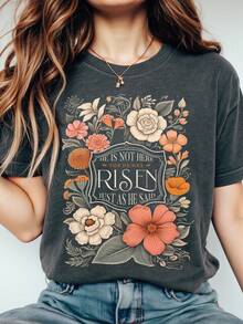 EMERY ROSE Atasan Kasual Wanita dengan Desain Grafis Bunga Kristen, Menampilkan Lengan Pendek dan Leher Bulat, Sempurna untuk Musim Semi dan Musim Panas. - Dark Grey - View 1