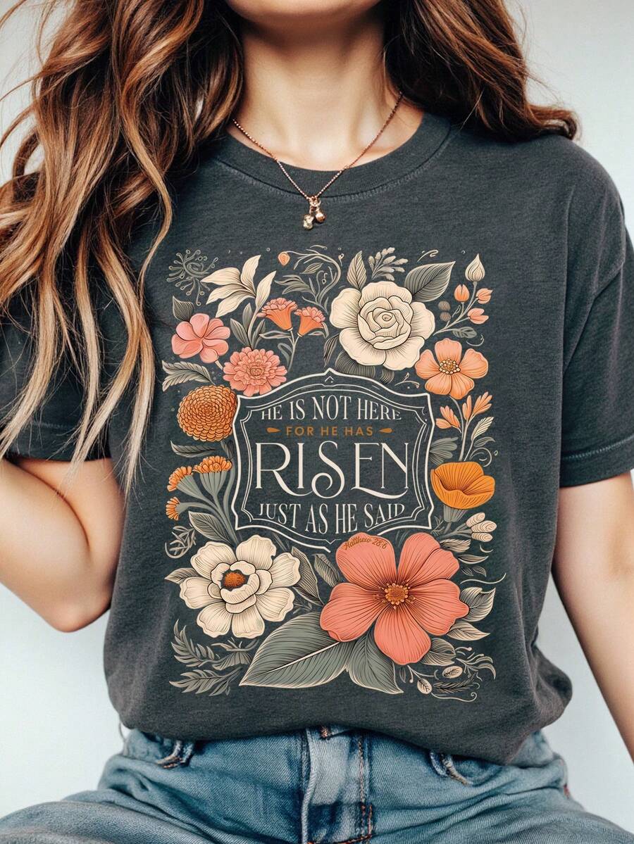 EMERY ROSE Atasan Kasual Wanita dengan Desain Grafis Bunga Kristen, Menampilkan Lengan Pendek dan Leher Bulat, Sempurna untuk Musim Semi dan Musim Panas. - Dark Grey - View 1
