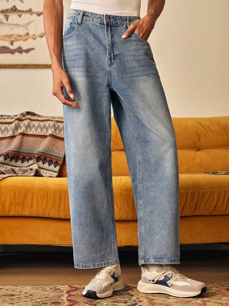 Open Phase 1 Stück locker sitzende, gewaschene Jeans Lässig Loose Hose, koreanischer Stil für Herren Frühling bis Sommer - Blau - Übersicht 1