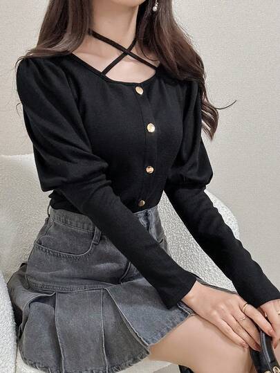 FRIFUL 女士纯色V领长袖肩部褶裥金属纽扣领系带修身百搭T恤，秋冬款