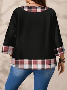 EMERY ROSE Blouse ample à col rond imprimée tout-sur-tout, manches 3/4, pour femmes grandes tailles. Convient pour l'automne/l'hiver, l'été. Hauts d'été, nouveaux modèles pour femmes, élégants. Blouses élégantes pour femmes, blouses élégantes, carreaux, Top noir - Multicolore - Voir 4