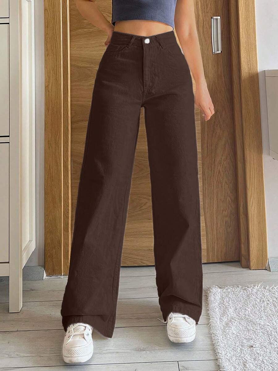 EURMUSE Quần jean ống đứng túi xéo 100% cotton không kèm thắt lưng - Màu Đỏ Sâu - Xem 1