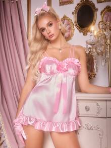 粉色俏皮层叠缎面蝴蝶结可爱洛丽塔音乐节派对性感娃娃公主睡裙