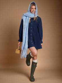 WESTFADE Đầm chữ A mini tay dài, cổ bèo nhún 100% cotton, cài nút, dễ thương, thường ngày, trang phục mùa thu, trang phục hòa nhạc đồng quê, mùa thu, mùa đông, phong cách Boho, trang phục phương Tây - Màu xanh hải quân - Xem 6