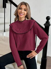 Elenzga Jersey de mujer elegante con dobladillo de volantes y ribete de contraste - Morado - Ver 4