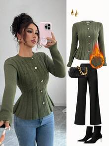 Elenzga 秋冬麻花绳橄榄绿长袖优雅套头衫 - 軍綠色 - 查看 1