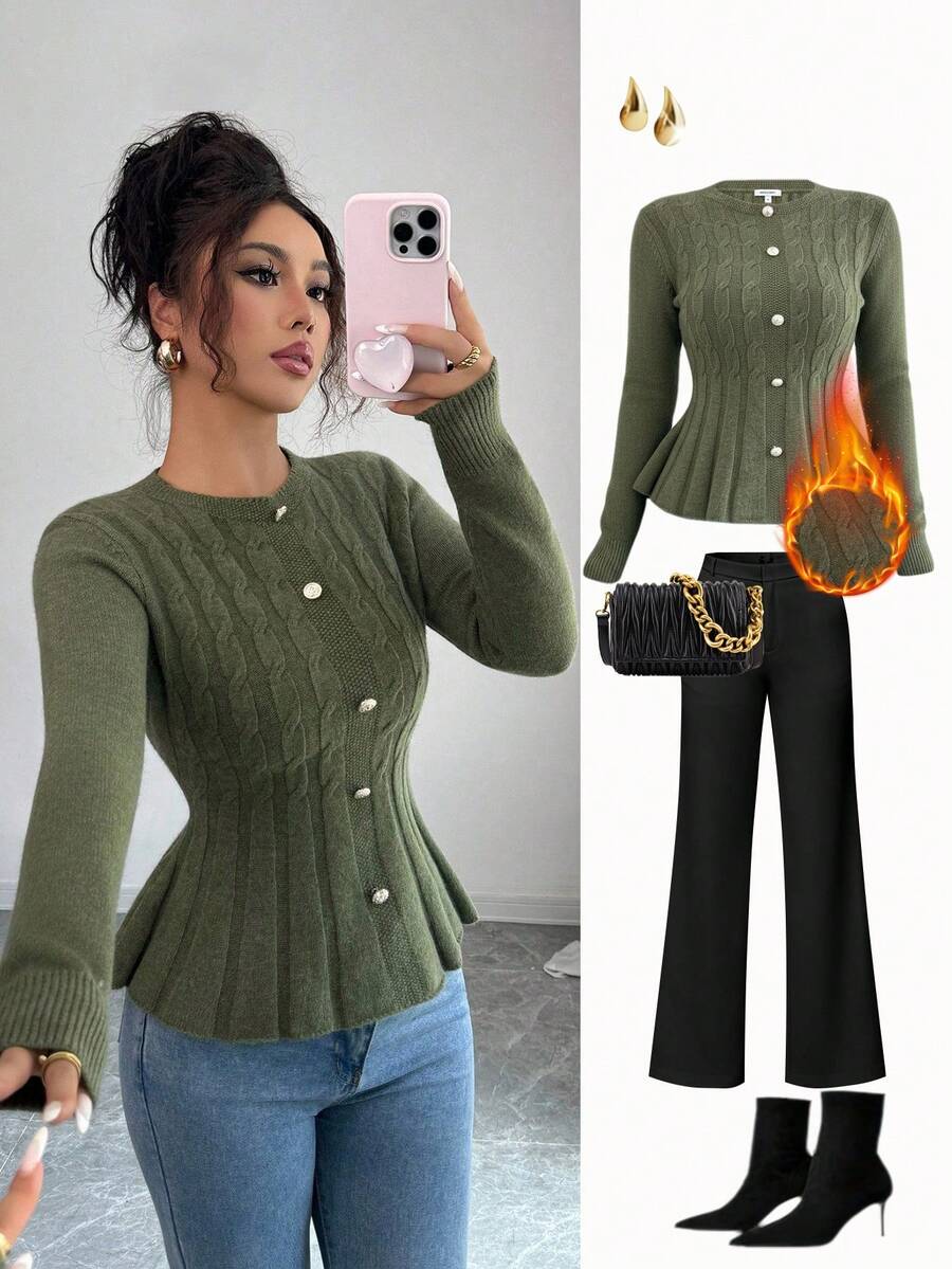 Elenzga 秋冬麻花绳橄榄绿长袖优雅套头衫 - 軍綠色 - 查看 1