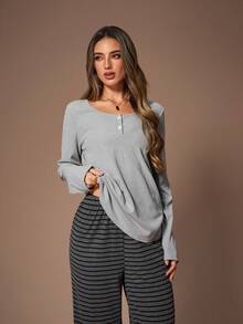 Lazeform 2pcs Women Casual Solid Color Snap Button Scoop Neck Top And Striped Pants Lounge Set , Fall & Winter Clothes - Multicolor - View 4