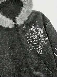 ROMWE MEN 男士休闲复古印花抓绒连帽衫，秋冬款 - 彩色 - 查看 4