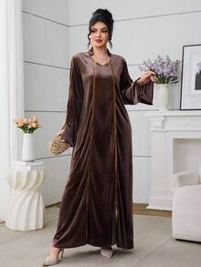 Al Najma Vestido elegante de fiesta para mujer con decoración de cinta al estilo árabe - Marrón - Ver 2