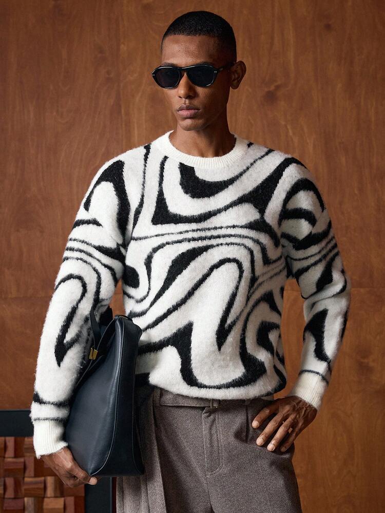 Men's Loose Fit Allover Print Dropped Shoulder Fluffy Knit Sweater, Fashion Resort Style, Autumn/Winter