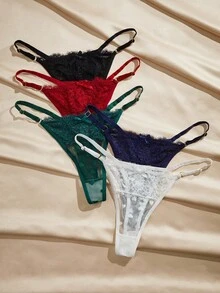 Charlaine Set de 5 tangas de encaje de tiro bajo para mujer con estampado aleatorio de corazones - Multicolor - Ver 3