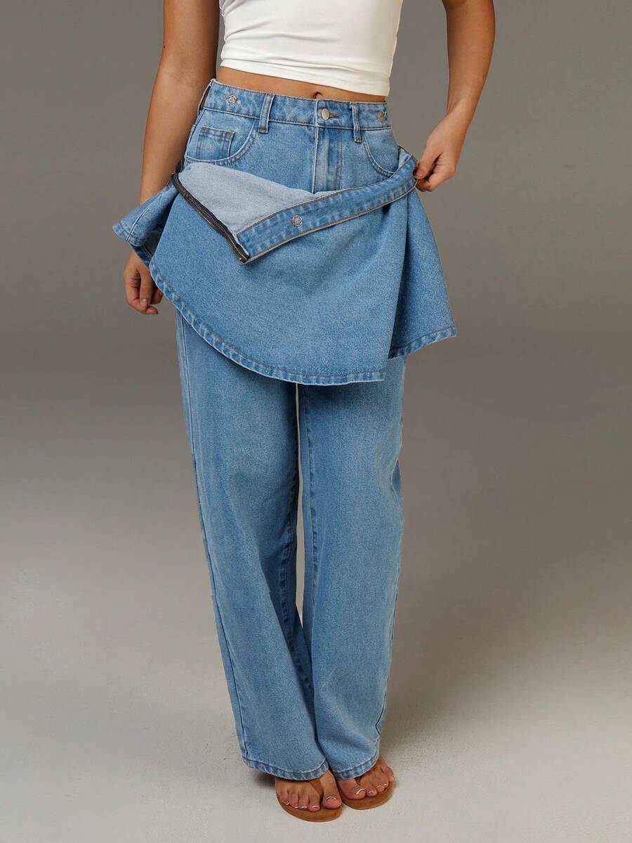 Athîral Women's Pocket Wide Leg Loose Casual Jeans And Denim Skirt Set, Casual Vintage Streetwear Blue Pants