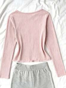 SHEIN Teen Girl Black & Pink Ribbed Texture Tight Fitted Casual Crew Neck Long Sleeve T-Shirt - Pink - View 5