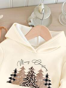 SHEIN 圣诞快乐，柔和的奶油色调，复古豹纹圣诞树，女婴休闲连帽卫衣和裤子两件套，甜美休闲，适合秋冬日常穿着，圣诞派对，街头风格，家居 - 彩色 - 查看 4