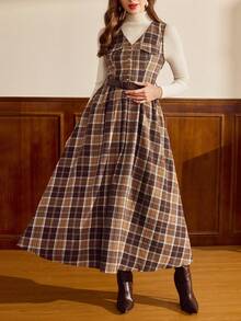 Vintamour 复古经典优雅女士连衣裙，秋冬季，修身腰带连衣裙，棕色格子连衣裙，装饰口袋翻盖无袖套头连衣裙，喇叭裙摆 - 棕色 - 查看 3