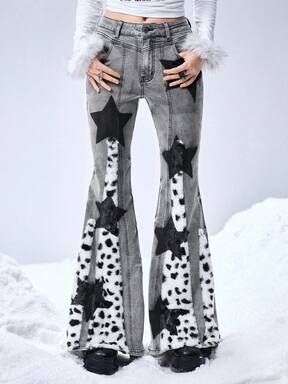 Grunge Punk Y2K Retro Millennium Subculture Patchwork Fuzzy Polka Dot Leopard Print Star Spray Loose Flare Jeans