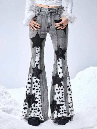 Grunge Punk Jeans holgados y acampanados con estampado de lunares, leopardo, estrellas y patchwork en estilo retro Y2K de la subcultura del milenio