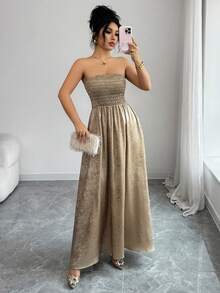 SHEIN Elenzya 女士优雅金箔正式礼服，派对无肩带长裙，秋冬款 - 金色 - 查看 8