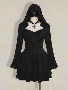 SHEIN ICON 大码复古深色Y2K朋克风连帽褶裥前腰A字连衣裙 - 黑色 - 查看 3