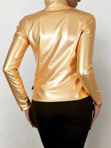 Mujer blusa elegante estilo moderno acabado metálico brillante diseño ajustado cuello alto manga larga otoño invierno fiestas blusa - Dorado - Ver 3