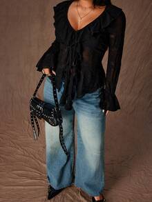 Rustia Plus Size Women Elegant Solid Color Ruffle V-Neck Semi-Sheer Blouse - Black - View 1