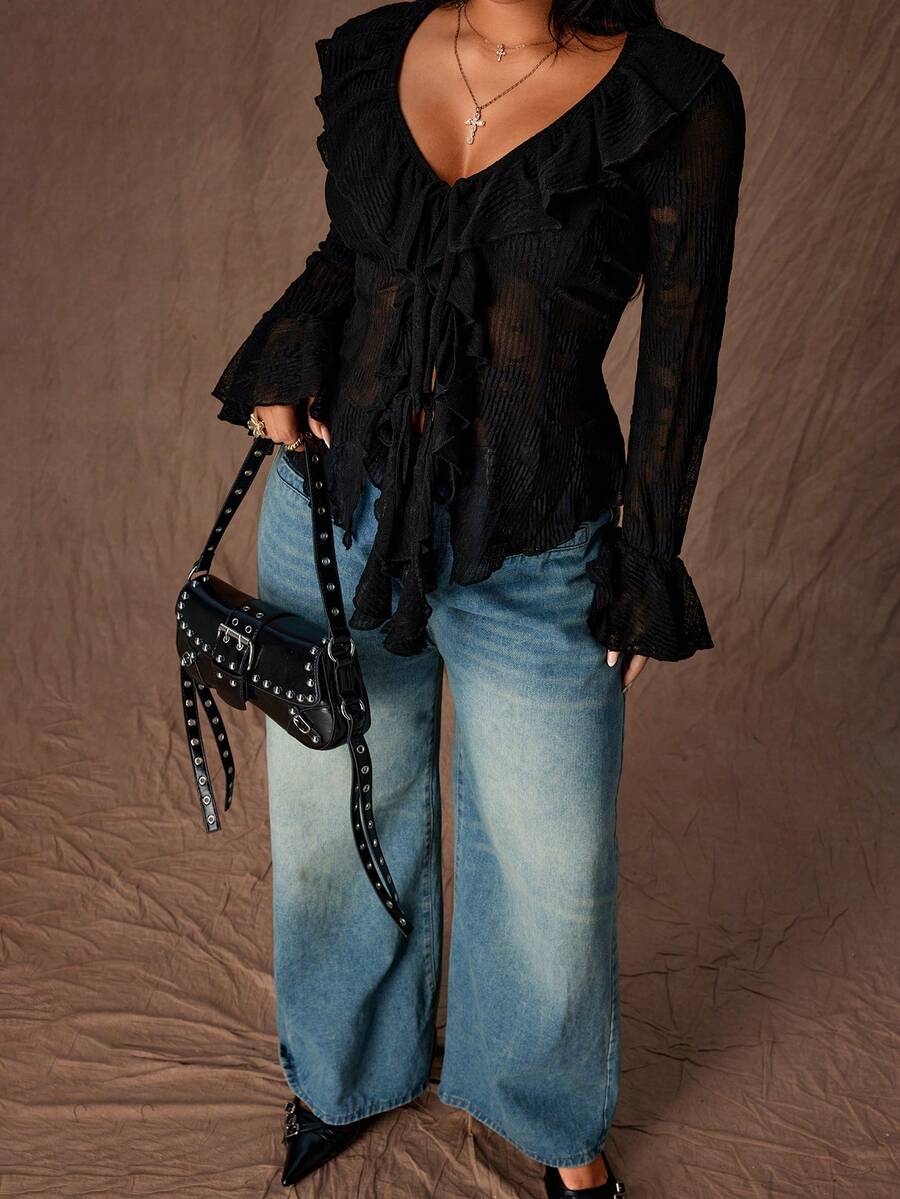 Rustia Plus Size Women Elegant Solid Color Ruffle V-Neck Semi-Sheer Blouse - Black - View 1