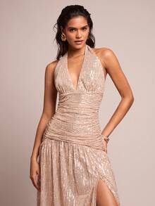 SHEIN Glamour Vestido glamoroso y sexy de mujer con cuello en V profundo, abertura lateral y dobladillo con lentejuelas de unicolor