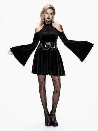 Breakform Vestido curto feminino gótico, sexy e elegante, com decote halter, bordado de lua em tule, costas nuas e mangas flare.