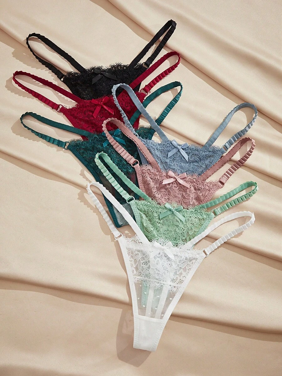 Charlaine 7pcs/Pack Women's Solid Color Bow Decor Sexy Lace Low-Rise Thong Panties - Multicolor - View 1
