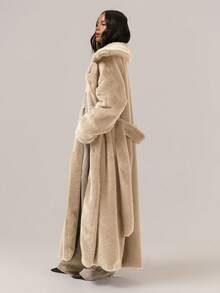 MUSERA Oversized Loose Fit Belted Maxi Length Fuzzy Fur Coat Classy Sexy Cute Night Out Vacation Autumn Fall Winter Outerwear September Spring - Cream - View 2