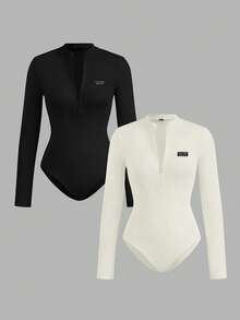 SHEIN EZwear 2 件女士休闲简约风格真刺绣字母徽章拉链高领紧身连体衣，百搭服装，适合秋冬季，机场搭配 - 黑與白 - 查看 5