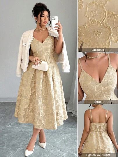 Elenzga 大码女士提花优雅吊带婚礼宾客连衣裙，秋冬款