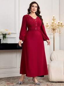 Modelyn 大码V领长袖水钻装饰连衣裙 - 酒紅色 - 查看 6