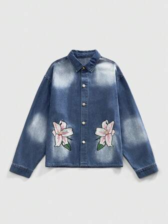 Street Life Floral Blue Washed Long Sleeve Front Button Fashionable Denim Blouse
