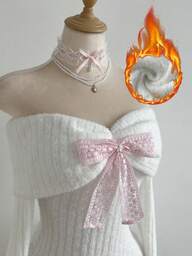 Elamini 1ชิ้น ชุดเดรสสั้นรัดรูปแขนยาวถักไหมพรม Off Shoulder เปิดหลังสีขาว ประดับมุกผีเสื้อสังเคราะห์ Y2K สไตล์เรโทรน่ารัก สำหรับปาร์ตี้ลำลอง สำหรับผู้หญิง ฤดูใบไม้ร่วง/ฤดูหนาว คริสต์มาส ปีใหม่