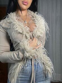 Vassilux Cardigan tricoté à col en V avec franges, kaki avec lien, top chic pour la superposition automne/hiver pour femmes - Kaki - Voir 6