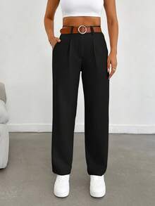 EURMUSE Women Solid Color Pleated Straight Loose Daily Casual Commuting Long Pants - Black - View 6