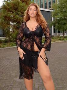 MelDlgn Plus Size Lace See-Through Front Tie Bow Neck, Ruffle Trim Sexy Long Tie-Up Cardigan - Black - View 5