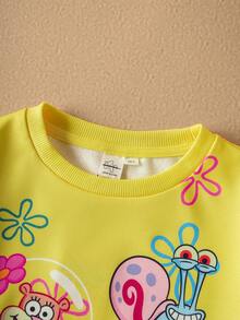 SpongeBob SquarePants | SHEIN 少女可爱花卉卡通图案黄色长袖圆领卫衣