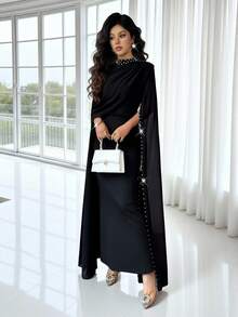Rafferiza 女士半高领针织紧身弹力腰带鱼尾雪纺连衣裙，饰以珍珠点缀，秋冬季服装，户外穿着，时尚优雅，适合日常穿着、婚礼、宴会、通勤、毕业派对、节日活动、度假、约会、聚会、万圣节、圣诞节、新年和感恩节等场合。 - 黑色 - 查看 3