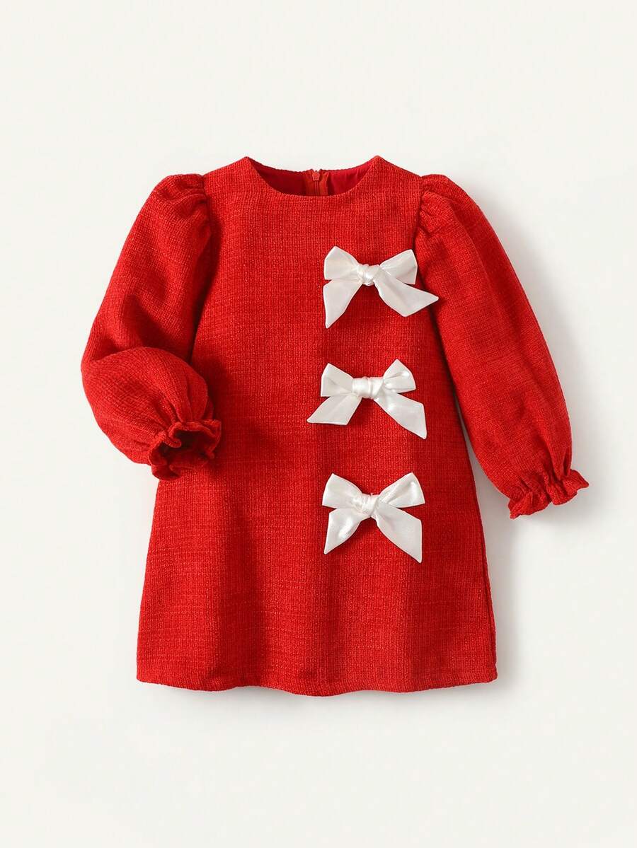 Maija Kids Young Girl Red Tweed Patchwork White Bow Collar Long Sleeve Dress - Red and White - View 1