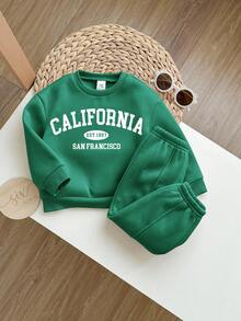 SHEIN 女婴可爱灰色字母印花长袖卫衣裤套装，秋冬款 - 墨綠色 - 查看 5