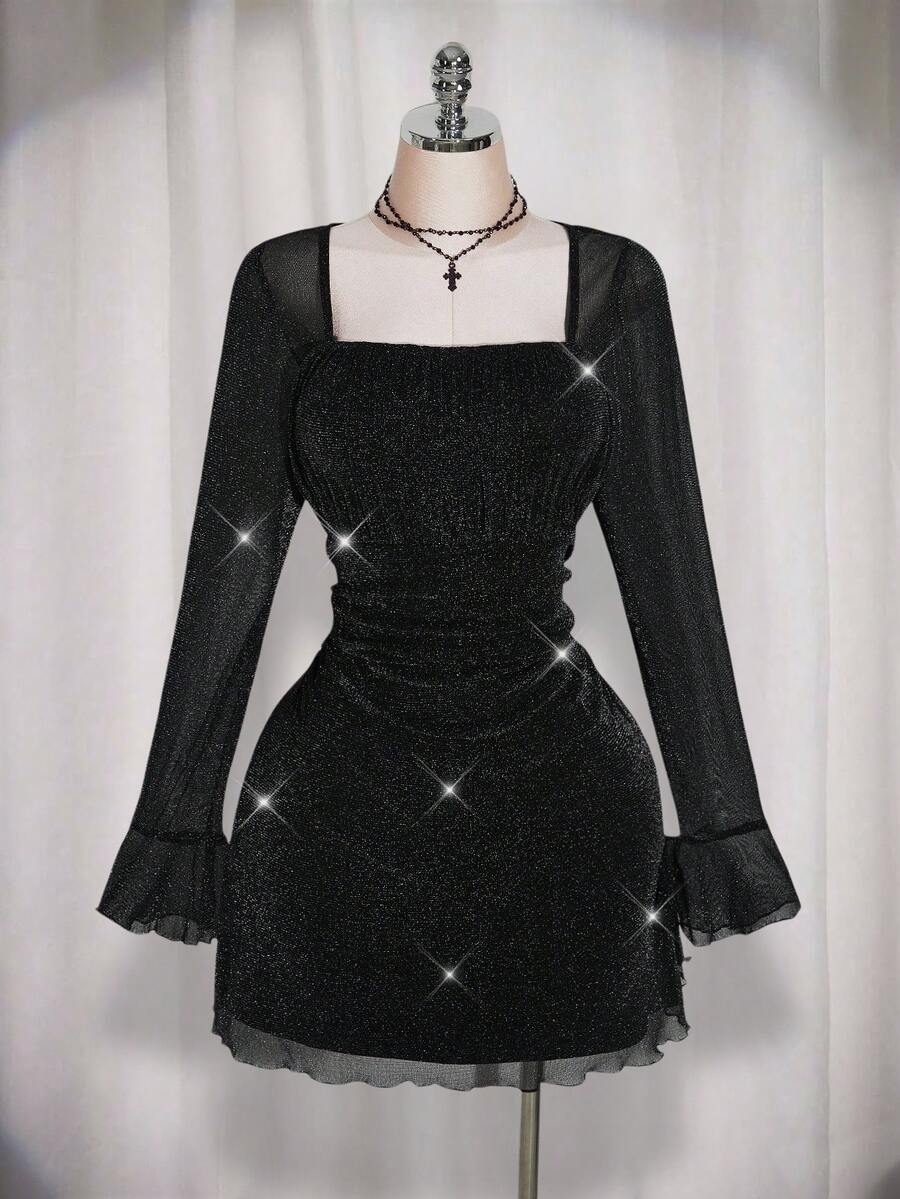 SHEIN ICON Plus Size Ladies Party Outfit Retro Suitable For Date, Shiny Silk Pleated Mini Dress - Black - View 1