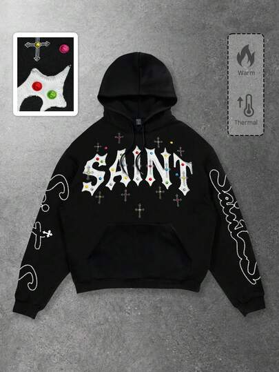 Street Life Felpa con cappuccio casual da uomo, stile punk da strada con ricamo pesante, autunno/inverno