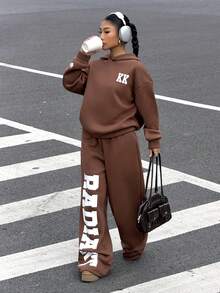 Muchica 2PCS Winter Clothes For Women Brown Letter Print Fleece Hooded Sweatshirt And Sweatpants Set, Autumn/Winter Style, Plush Two-Piece Set - Brown - View 5