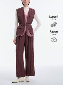 SHEIN Stylify Women's Sleeveless Belted Long Elegant Casual Business Suit Set, Suitable For Office, Daily Wear, Autumn - Rust Brown - View 2